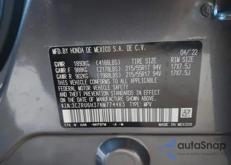 2022 Honda Hr-V Awd Lx z USA, uszkodzony, nr VIN 3CZRU6H37NM774483